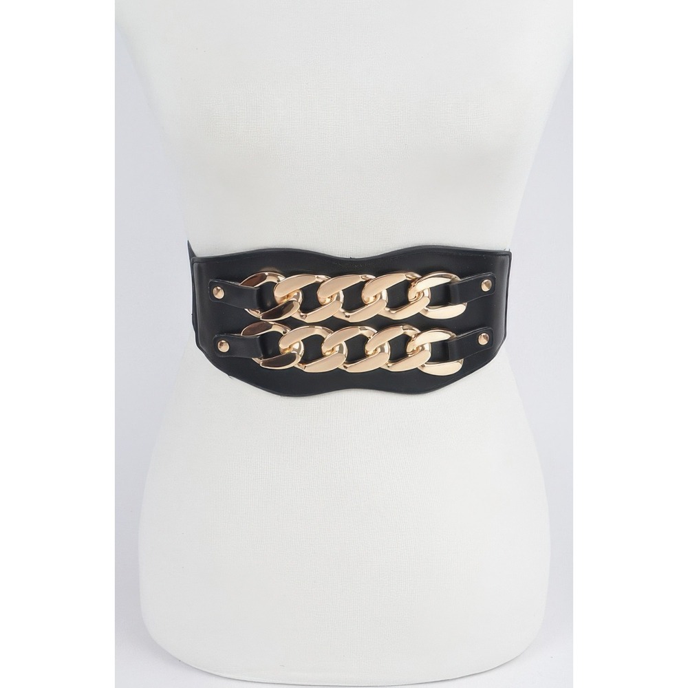 Cinch Belt Womens One Size Black New Gold Chain Wide Elastic